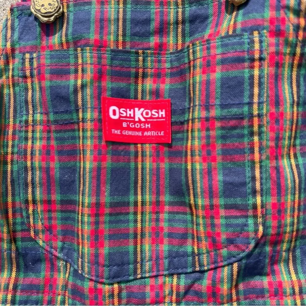 Vintage 80s OshKosh B’Gosh Red Blue Christmas Holiday Plaid Vestbak Overalls 4T